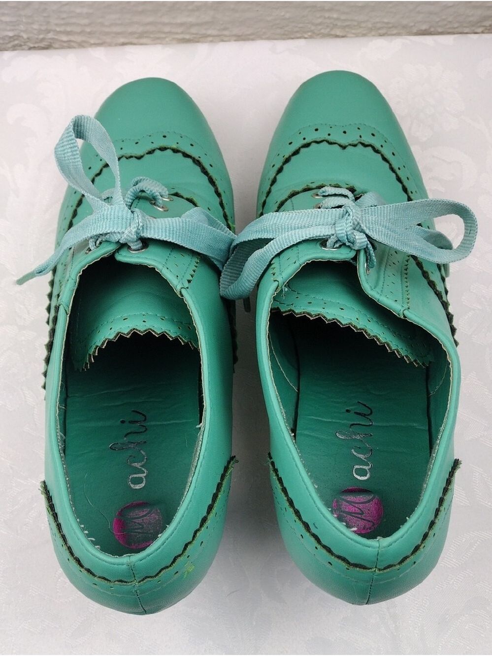 Machi Coca-01 Teal Leather Lace Up Scalloped Upper Heeled 1930 Style Oxford Shoe - Picture 6 of 16